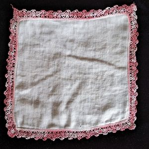 Vintage White Handkerchief with Crocheted Light/Dark Pink and White Edges
